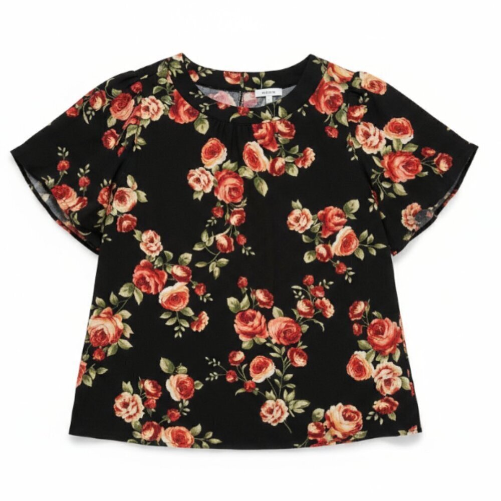 Poppi Blouse Women's Plus Size 1X Rose Floral Print Puff Sleeve